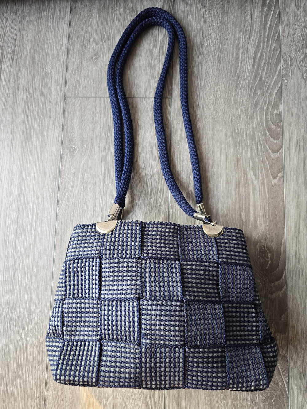 Vintage Made in Italy Woven Basketweave Shoulder Bag Navy Rope Strap Purse